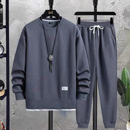 Men's Tracksuits High Quality Waffle Long Sleeve Set Youth Round Neck Top Tie Feet Pull Cord Pants Fashion Slim Fit And Comfortable