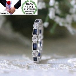 Cluster Rings OMHXZJ Wholesale European Fashion Woman Girl Party Wedding Gift Luxury Slim Rectangle Blue Zircon 18KT White Gold Ring