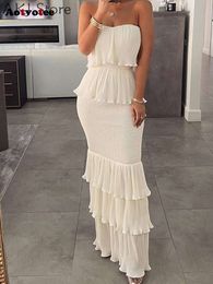 Strapless Summer New Fashion Streetwear Solid Ruffle for Women Chic Elegant Slim Sleeveless Sexy Dress