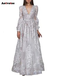 Lace Maxi for Women New Fashion Elegant Long Sleeve V Neck Vintage Dress Chic Embroidery Evening Dresses