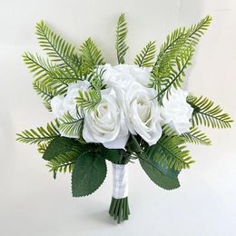 Wedding Flowers Bride Bouquet White Roses Silk Artificial Green Leaves Handmade Bridal Bridesmaids Bouquets Marriage Accessories