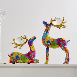 Decorative Objects Figurines Colorful Crystal Ball Deer Statue Creative Animal Sculptures Figurines Modern Living Room Decoration Home Decorative Crafts 231109