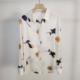Women's Blouses Luxurious Print White Satin Acetate Imitation Silk Shirt Women Floral Top 2023 Shirts Tops