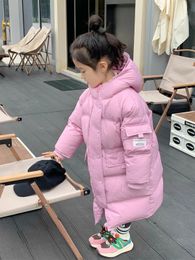 ダウンコートウィンターダウンコットンジャケットガールズストリートウェア長い暖かい子供厚いパーカスキッズフード付きゆるいピンクのパッド入りコートXMP547 231108