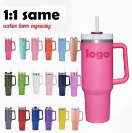 US stock WITH LOGO 40oz Hot Pink Mugs Stainless Steel Tumblers Mugs Cups Handle Straws Big Capacity Beer Water Bottles Outdoor Camping with Clear/Frosted Lids GG1129