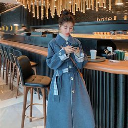 Women's Wool & Blends Autumn And Winter Fashion Blue French Style Hepburn Woollen Jacket Loose Warm Mid-Length Windbreaker Coat Tess22