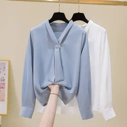 Women's Blouses Retro Pullover White Long Sleeve Solid Color Shirt Blue Lace-up Tops Blouse Women Spliced Chiffon Elegant A782