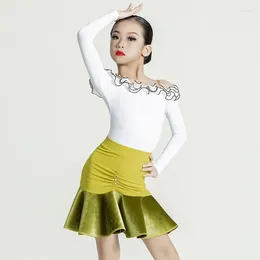 Stage Wear Off-Shoulder Latin Dance Costume Girls Practice Long Sleeeve Bodysuit Skirt Rumba ChaCha Performance Clothing DL11268