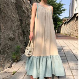 Casual Dresses Women's Summer Vintage Loose Long Sling Dress Patchwork Lacing Up Ruffle Hem Maxi Sundress Holiday Korea Style