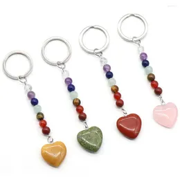 Keychains Natural Crystal Love Heart Keychain 7 Chakra Gemstone Beads Reki Healing Keyring For Handbag Car Hanging Ornament