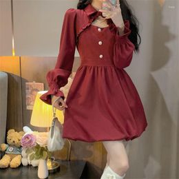 Casual Dresses Christmas Clothes Winter And Spring Women Short Red Spaghetti Dress Long Sleeve Shawl 2pcs Set Robe Noel
