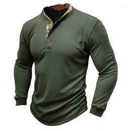 Men's T Shirts Leisure Patchwork Henly Collar Waffle Shirt Men Autumn Casual Long Sleeve Pure Colour Pullover Fashion Mens Clothes Button