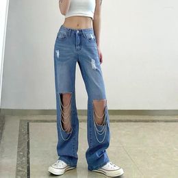 Women's Jeans Cyber Y2k Vintage Hollow Hole Chain Straight Women High Waist Loose Denim Long Pants Summer Casual Streetwear 90s Trousers