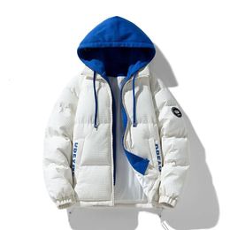 Men's Down Parkas Winter Jacket Heated Colour Contrast Patchwork Hooded Letter Printed Hoodie Cotton Coat Street Trend Loose Jackets 231108