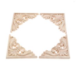 Decorative Figurines 4pcs 11cm Vintage Natural Wood Carved Decal Corner Onlay Triangle Applique Frame Furniture Wall Unpainted Home Decor 3D