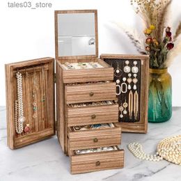 Jewelry Boxes 5-Layer Large Organizer Box Mirror 4 Drawers for Ring Earrings Necklaces Vintage Style Torched Wood Jewelry Box Wood for Wowen Q231109