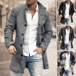 Men's Wool Blends Men Overcoat Plaid Single-breasted Turndown Collar Long Sleeves Slim Mid-length Jacket Coat Warm Pockets Trench Coat 231109