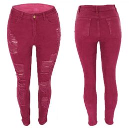 Mulheres skinny rasgado buraco jeans calças de cintura média senhoras casual fino ajuste calças compridas calças femininas