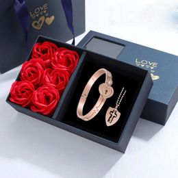 Party Favor Christmas Gift Rose Box With A Set Couple Bracelet Heart Lock And Key Necklace Stainless Valentine's Day Gifts