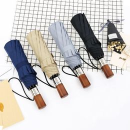 Umbrellas Solid Wood Handle Fold Umbrella Rain Women Business Affairs Male Concise Color Sunny Parasol