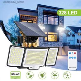 Solar Wall Lights 328/348 LED Solar Outdoor Light 3 Modes Motion Sensor Wall Lamp with Remote Control 3 Heads IP65 LED Flood Light for Garden Q231109