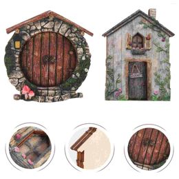 Garden Decorations 2 Pcs Fairy Elf Door Tree Decoration Miniatore Wood Wooden Dollhouse Windows Miniature Craft Adornment