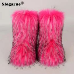 Boots Women's Winter Fluffy Faux Fox Fur Boots Woman Plush Warm Snow Boots Luxury Footwear Girls' Furry Fur Bottes Fashion Winter Shoe 231108