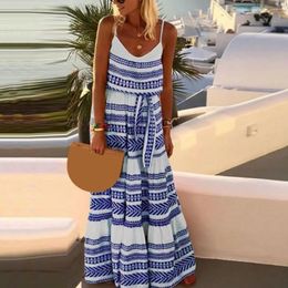 Casual Dresses Women Beach Dress Colour Block Sleeveless Spaghetti Strap V Neck Low-cut Dress-up Loose Bohemia Full Length Sling