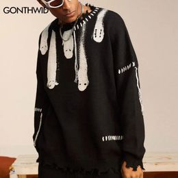 Men's Sweaters GONTHWID Hip Hop Knitted Sweater Streetwear Ghost Graphic Distressed Ripped Pullover Men Harajuku Casual Short Sweater Punk 231108