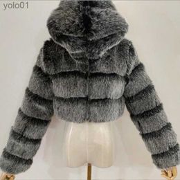 Women's Fur Faux Fur Lucyr Fashion Hooded Faux Fur Coat Women 2022 Winter High Quality Warm Blue Furry Overcoat Elegant Plush Crop Jacket FemmeL231109