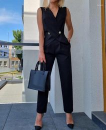 Women's Two Piece Pants Set Women Outfit 2023 Spring Fashion Buttoned V-Neck Sleeveless Vest Top & Elegant Straight Leg Pocket Work