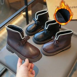 Boots Girls Pearls Versatile Soft Bow Cute Kids Fashion Black Brown PU Children Casual Short Simple Non-slip Platform 2023