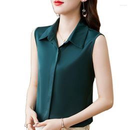 Women's Blouses Korean Fashion SILK Women Shirts Turn-down Collar SATIN Office Lady Button Up Shirt Sleeveless Camisa Blanca Mujer Vintage