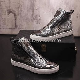 Sequins High-top Shoes Men's Shoes Nightclub Fashion Men's Board Shoes zipper Silver Cowhide Short Boots