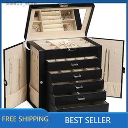 Jewellery Boxes Large Jewellery Box Leather Jewellery Organiser Multi-functional Storage Case with Mirror Accessories Holder with 5 Drawers Q231109