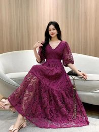 Party Dresses 2023 Summer Women V-Neck Puff Sleeve Belt Slim Long Dress High-end Custom Retro Hook Flower Hollow Lace Runway