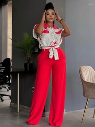 Women's Two Piece Pants Autumn Printing Color Matching Women Lapel Short Sleeved Shirt Suit Fashion Lace Up Wide Leg Trousers Female Office