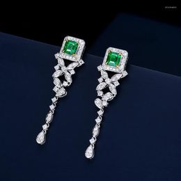 Stud Earrings European Fashion Fine Woman Girl Bride Mother Party Birthday Wedding Gift Square Tassel Zircon 18KT White Gold