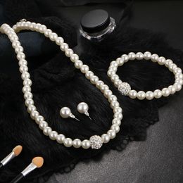Stud Elegant Fashion Womens Bride Wedding Jewellery Set for Women Rhinestone Faux Pearl Necklace Bracelet Earring Party 231109