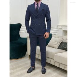 Men's Suits Fashion For Men Navy Blue Stripe Double Breasted Peaked Lapel Slim Fit Luxury Blazer Terno Outfits 2 Piece Jacket Pants