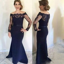 Navy Blue Off Shoulder Mother of The Bride Dresses Lace Mermaid Belt Chapel Floor-Length African Evening Gowns Draped Pleated Mother's Dress Wedding Guest Belt Bow