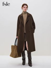 Women's Wool Blends FSLE 4.6% Wool 95.4% Camel Hair Women Long Temperament Camel Wool Coats 100% Wool Office Lady Drop Sleeve Black Woollen Jackets 231109