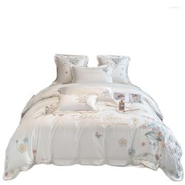 Defina a cama Flores Bordadas Princesa Branca Tampa de edredão plana/travesseiro de chapas de chapas de chapas de algodão Conjunto de cores sólido de algodão Luxo