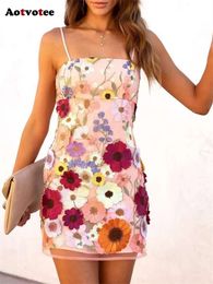 Sexy Camis Mini Dress for Women New Elegant D Floral Embroidery Chic Ladies Sleeveless Evening Dresses