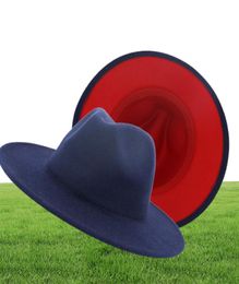 British Style Navy Blue Red Patchwork Felt Jazz Hat Cap Men Women Flat Brim Wool Blend Fedora Hats Panama Trilby Vintage Hat8755330