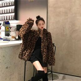 Women's Fur Faux Fur Winter Leopard Print Jacket Women's Stand collar Warm Parkas Outwear 2023 New Autumn Winter Korean Fe Loose Faux Fur CoatsL231120