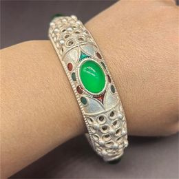 Bangle JiaLe/China Imitation Antique Tibetan Silver Inlaid Green Jade Bangles Fashion Accessories Fine Jewellery Men Women Couple Gift