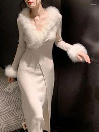 Casual Dresses 2023 Winter White Elegant Knitting Midi Dress Woman Fur Warm Fashion Office Lady Party One Piece Korean