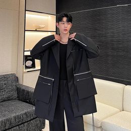 Men's Suits SYUHGFA 2023 Autumn Lapel Shoulder Pad Removable Pockets Blazers Korean Streetwear Metal Zipper Loose Coat Men Clothing