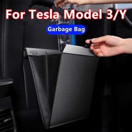 Car Organizer For Tesla Model 3 Y X Car Garbage Bag Waterproof Magnetic Adsorption Trash Can Back Seat Hanging Leather Storage Pocket Q231109